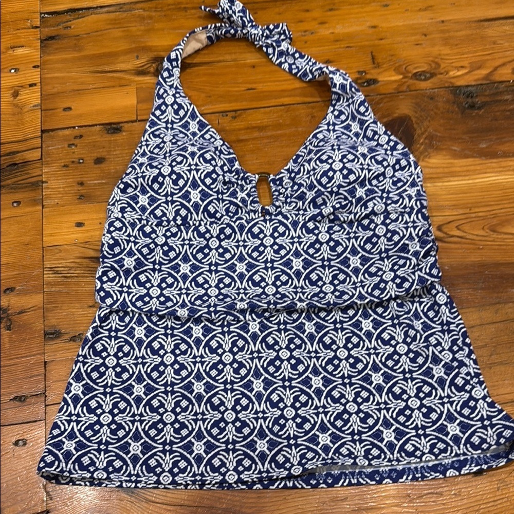 Lands End Tankini Blue Patterned Halter Swim Top Size 10